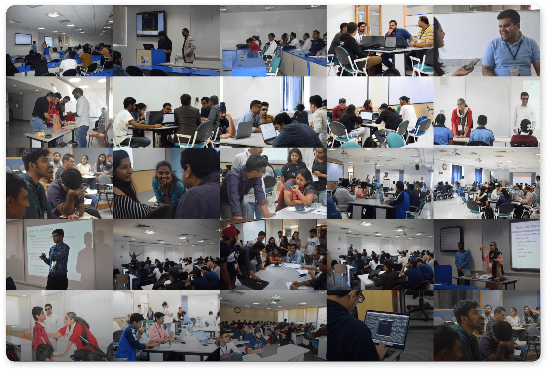 Multiple pictures from I-stem hackathon about I-stem team, volunteers, hackathon participants