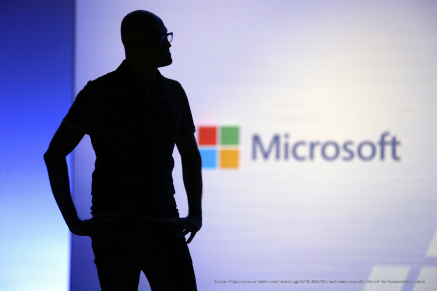 Picture of Microsoft CEO Satya Nadella speaking at the AI for Accessibility initiative. Source - https://www.csmonitor.com/Technology/2018/0508/Microsoft-announces-25-million-AI-for-Accessibility-initiative